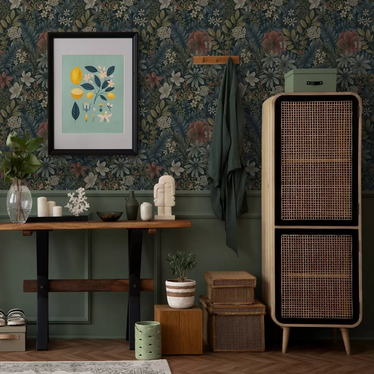 Tapete Dunkler Hintergrund mit dichten Blumen und Blättern in warmen Farbtönen a00678