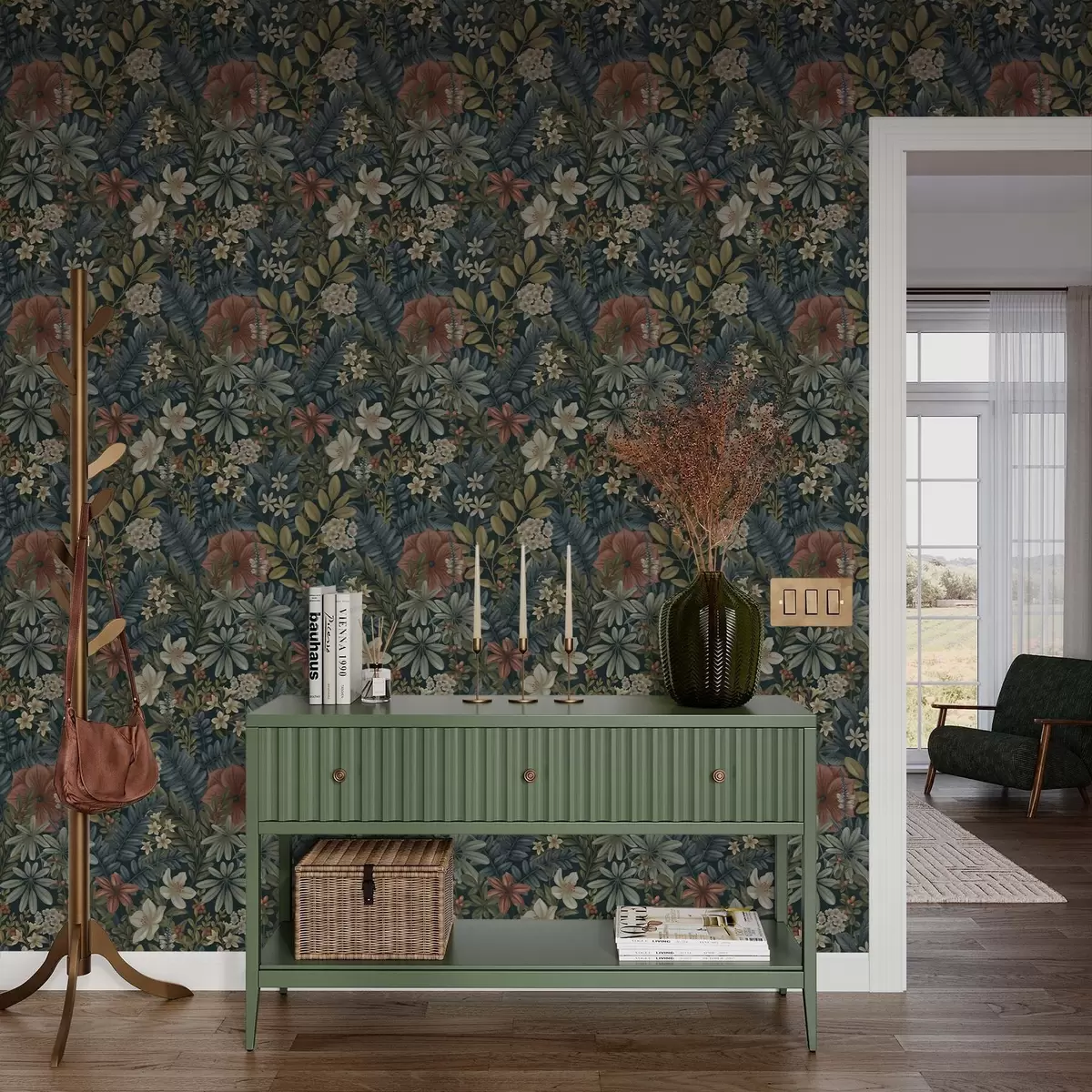 Tapete Dunkler Hintergrund mit dichten Blumen und Blättern in warmen Farbtönen a00678