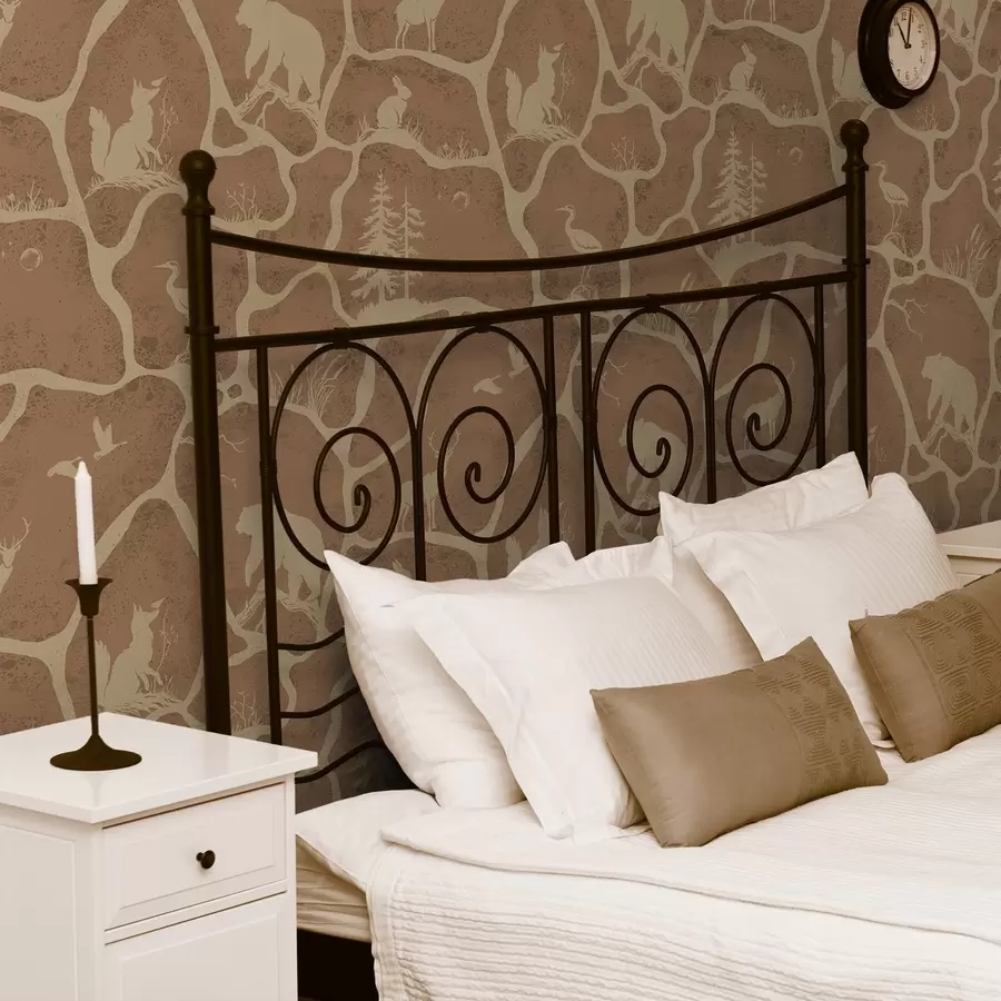 Fototapete Silhouetten von Tieren und Bäumen in einer natürlichen Landschaft mit Steinstruktur a00727