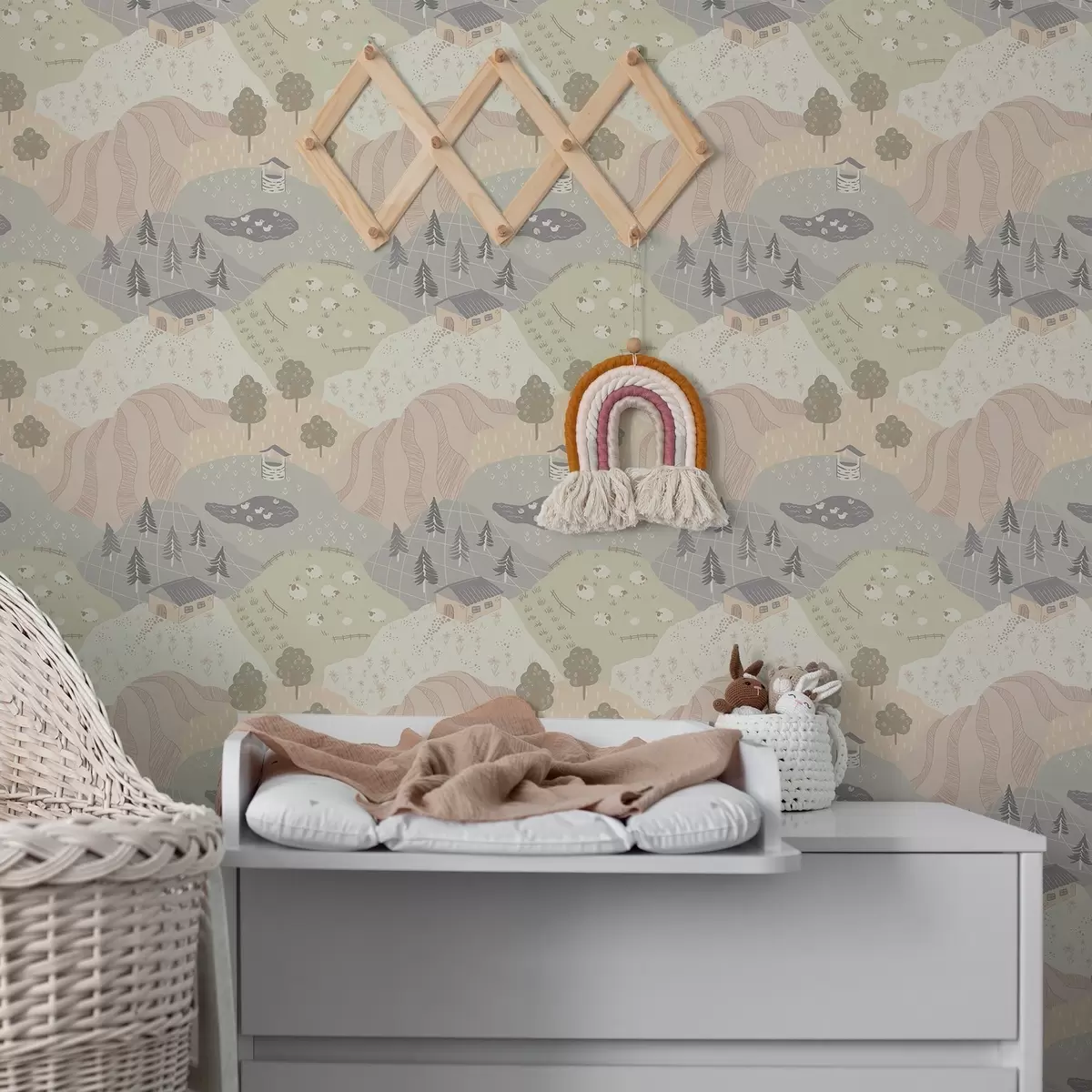 Tapete Märchenhafte Landschaft mit Bäumen, Gänsen und Schafen a00728