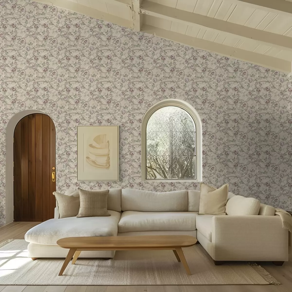 Tapete Rosen mit grünen Blättern auf warmem beigem Untergrund a00729