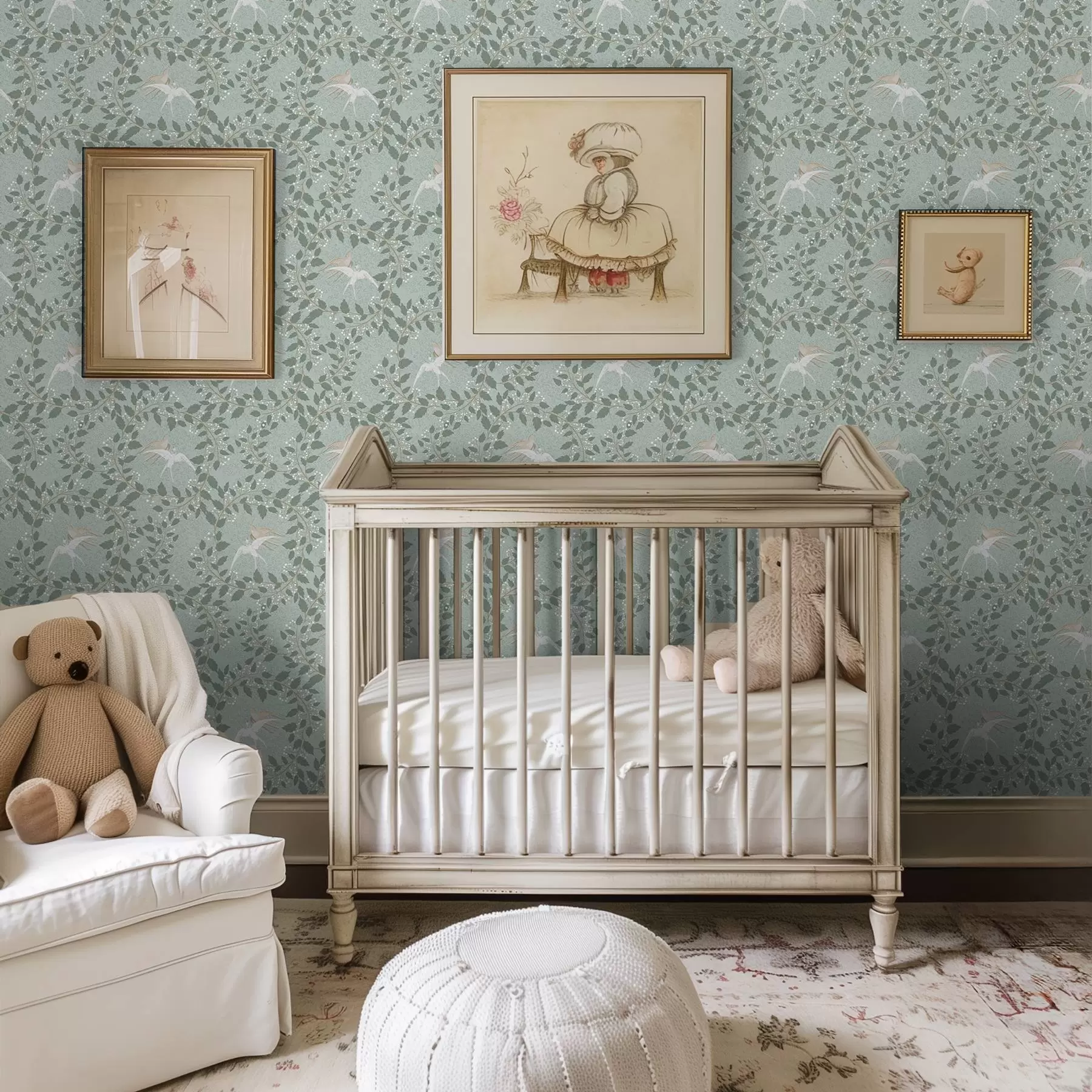 Fototapete Zweige mit weißen Beeren und Vögeln auf grünem Hintergrund a00731