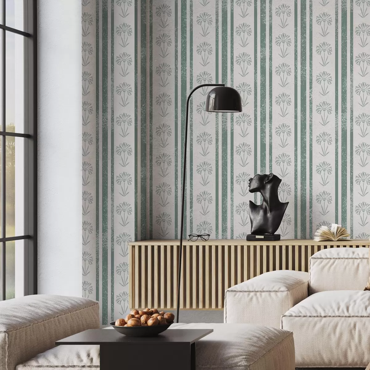 Tapete Bandmuster mit Blumen in Grüntönen a00732