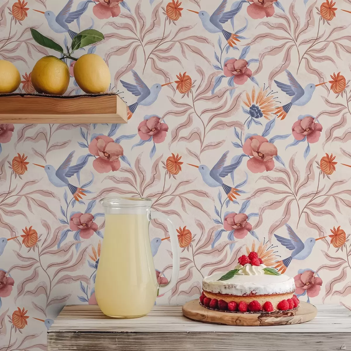 Tapete Kolibris zwischen großen Blumen in Rosa- und Blautönen a00733