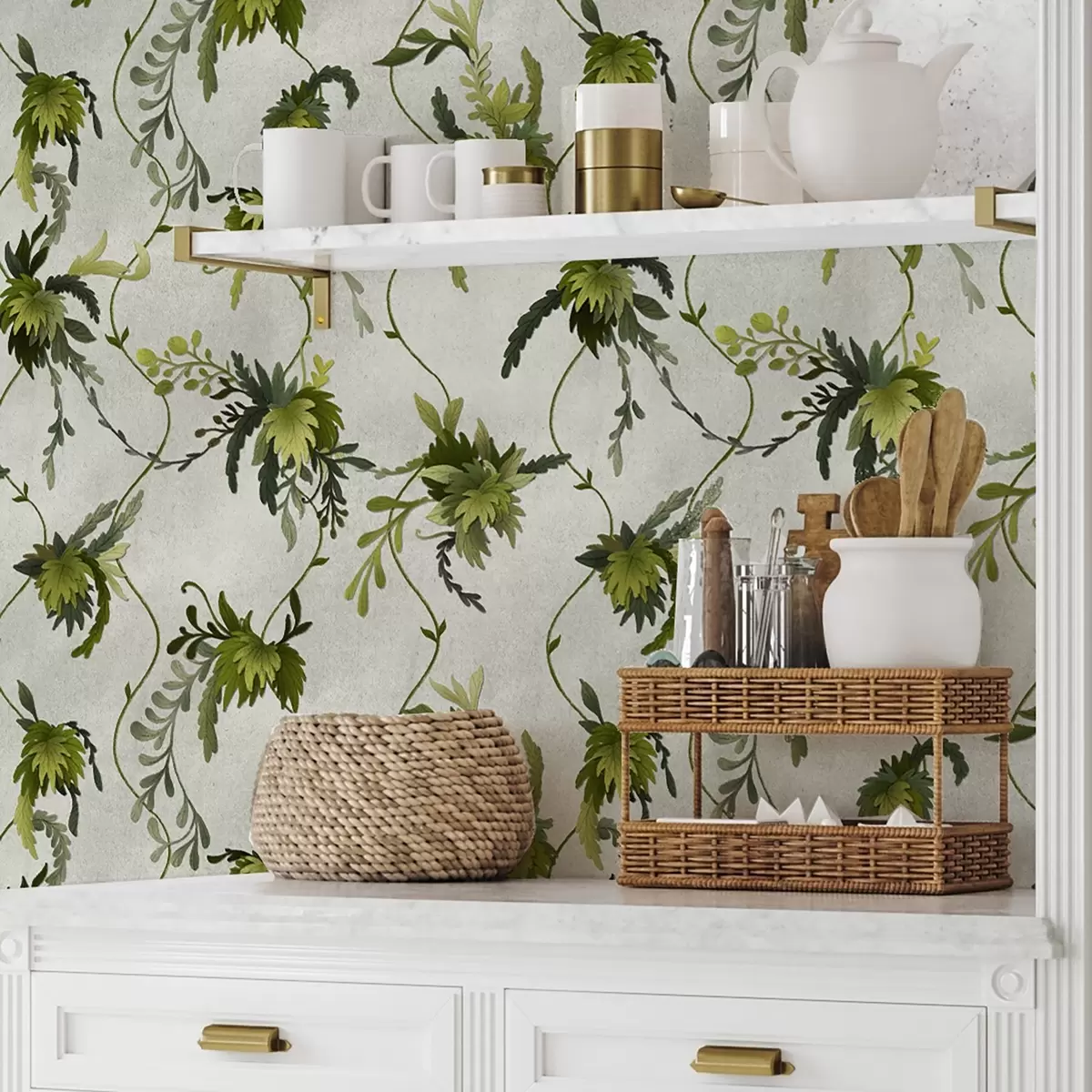 Tapete Kletternde Äste mit Blättern vor hellem Hintergrund a00806