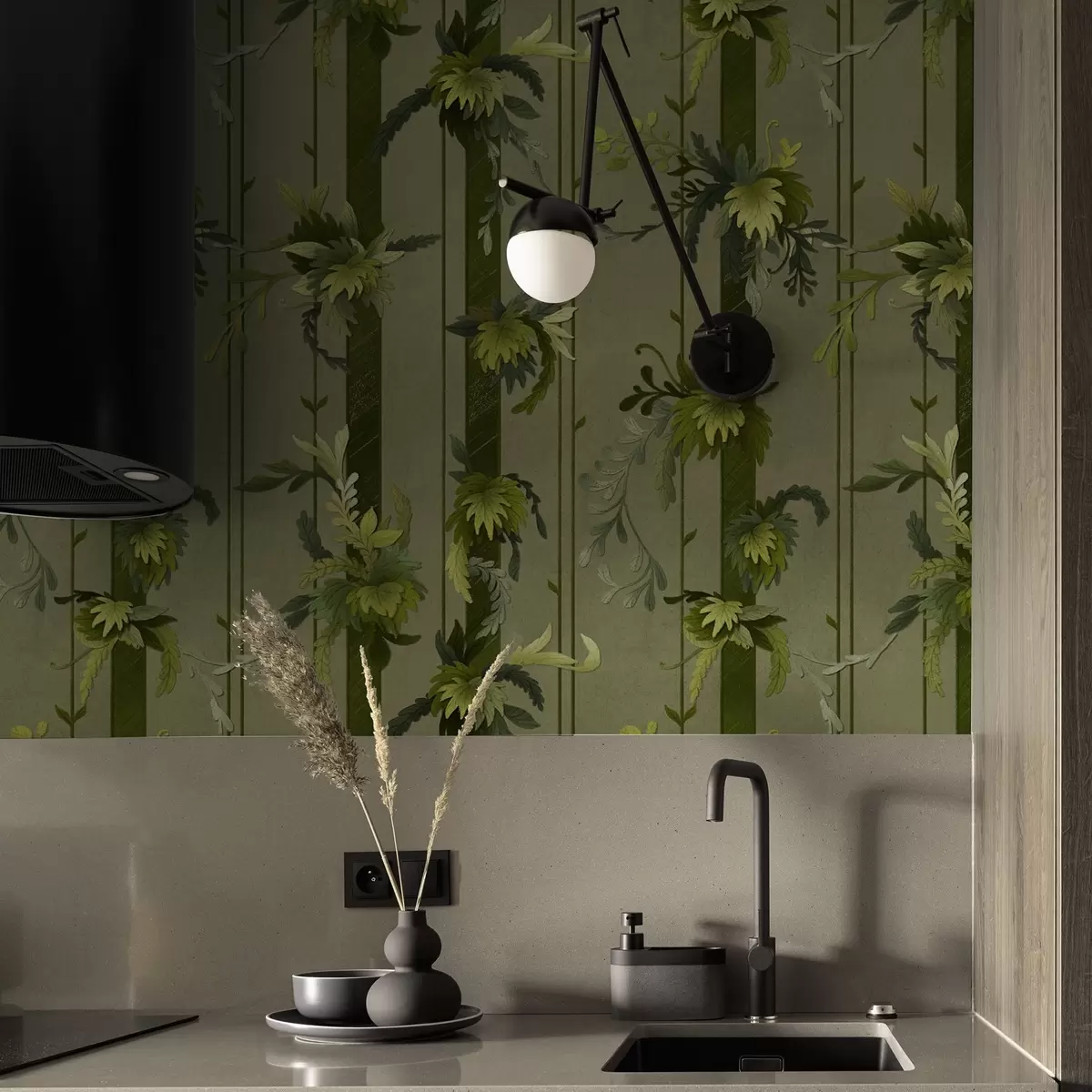 Tapete Weinblätter und Trauben in hellgrünen Aquarelltönen a00807