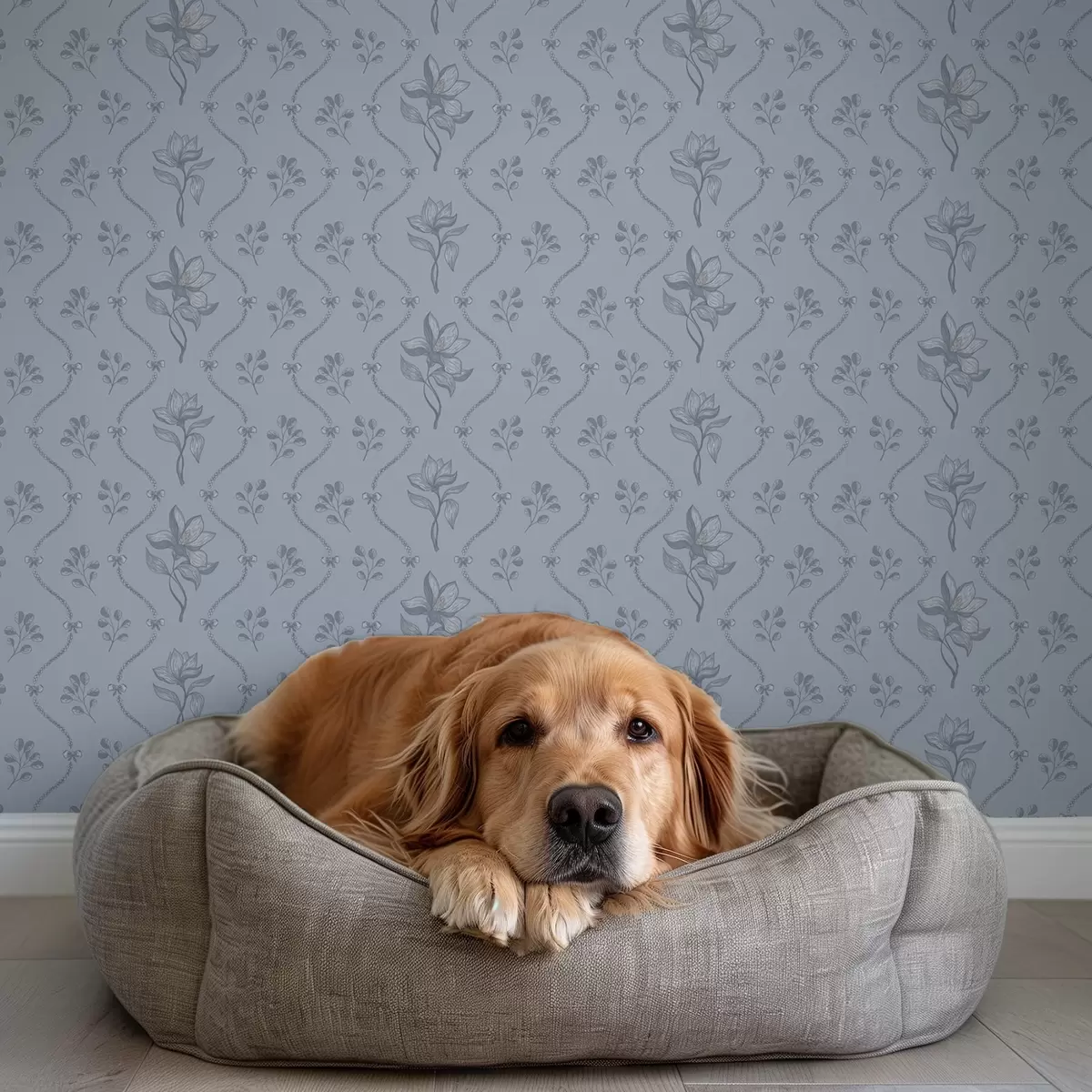 Tapete Kleine Blumen und Bänder in graublauer Farbpalette a00808v2