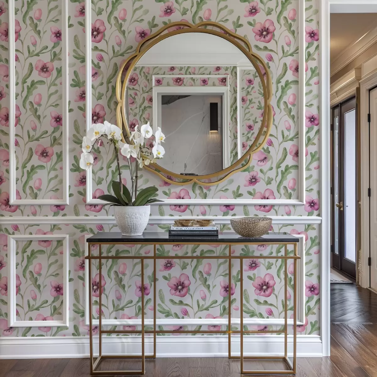 Tapete Zarte rosa Mohnblumen mit Blättern in Aquarelltechnik a00830