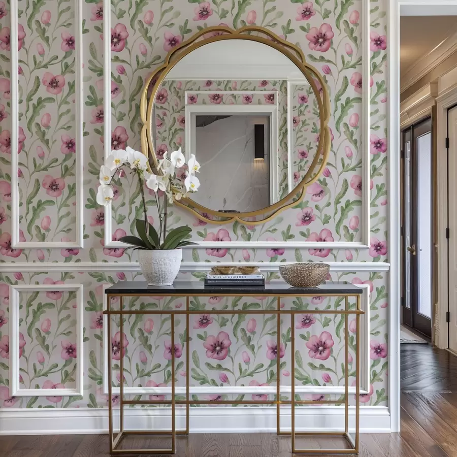 Fototapete Zarte rosa Mohnblumen mit Blättern in Aquarelltechnik a00830