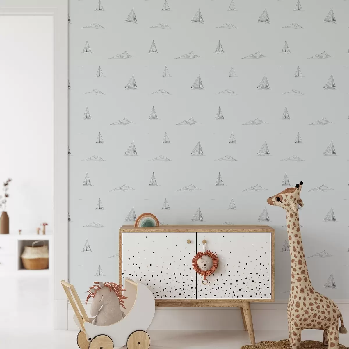 Tapete Skizzen von Yachten und Inseln, kühler blaugrauer Hintergrund a00654