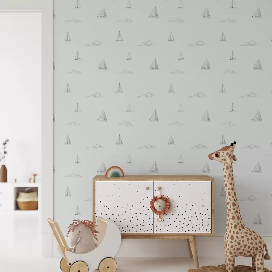 Fototapete Skizzen von Yachten und Inseln, kühler blaugrauer Hintergrund a00654