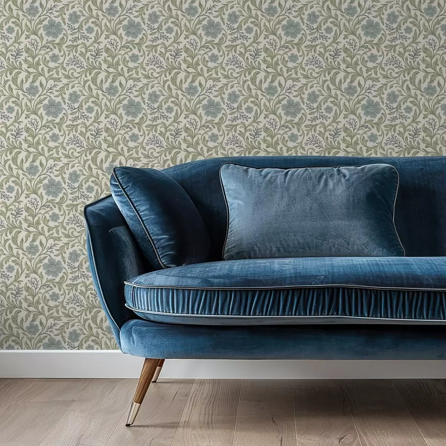 Fototapete Salbeigraues Blumenornament auf hellem Hintergrund a00712