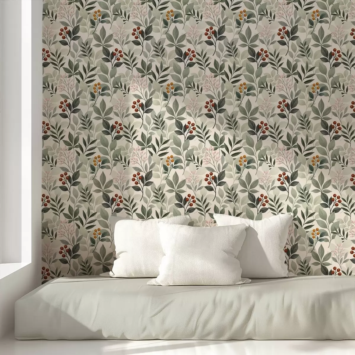 Tapete Blätter mit Beeren, heller Hintergrund a00713