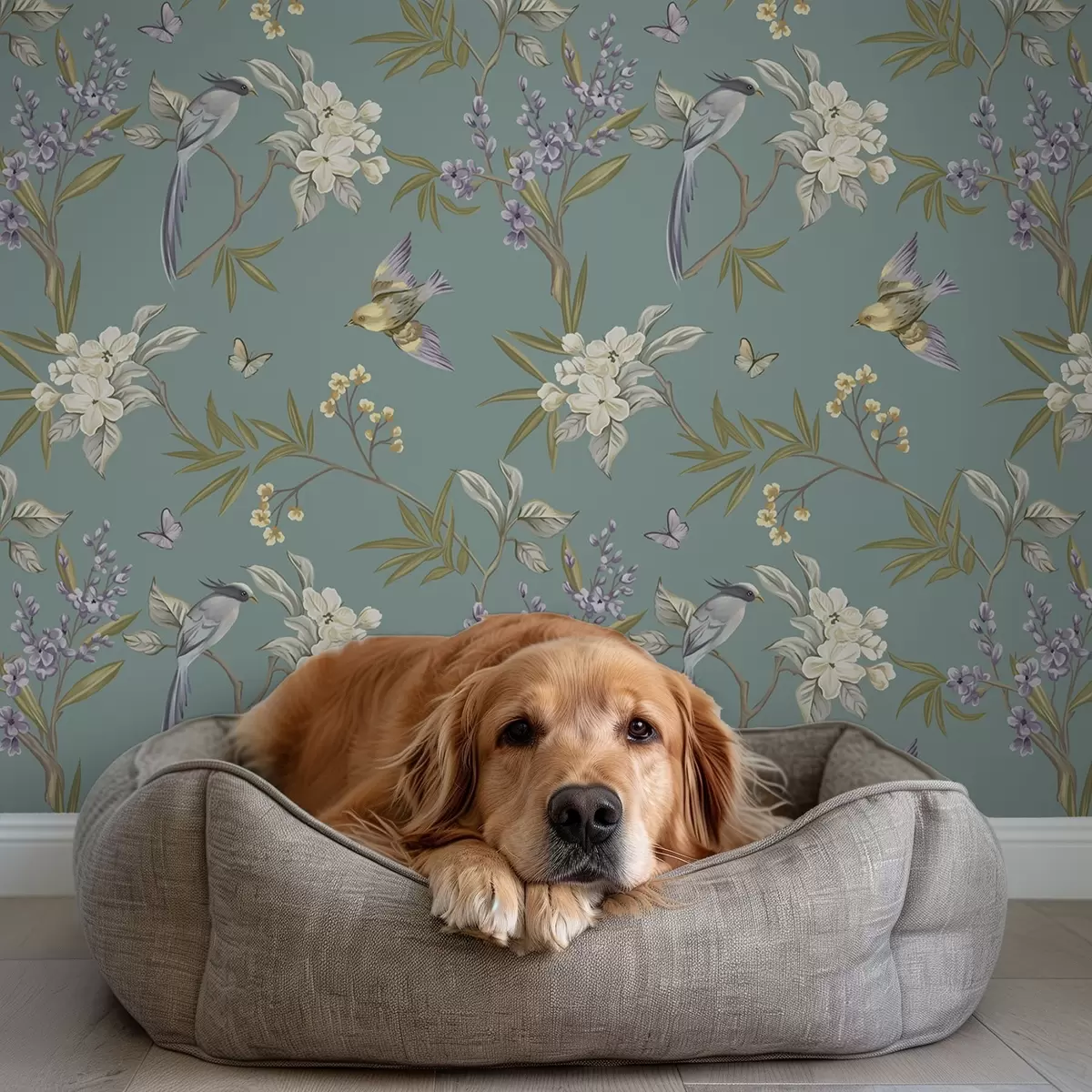 Tapete Vögel, Blumen und Schmetterlinge auf blaugrauem Hintergrund a00735