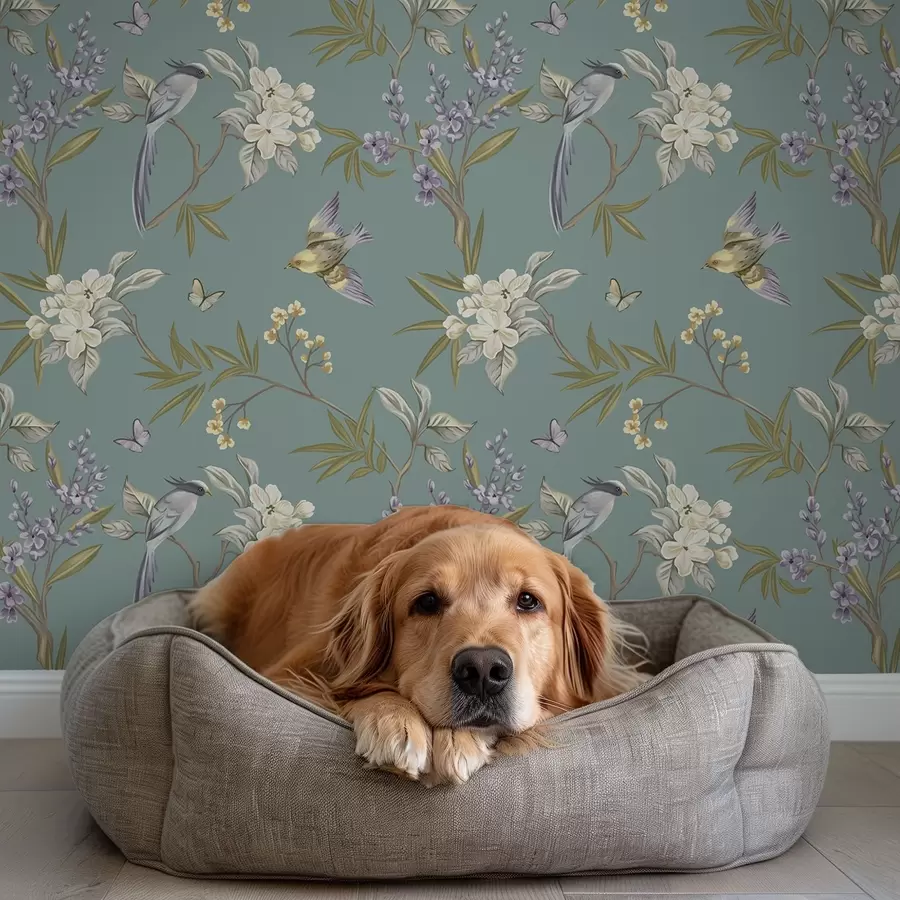 Fototapete Vögel, Blumen und Schmetterlinge auf blaugrauem Hintergrund a00735