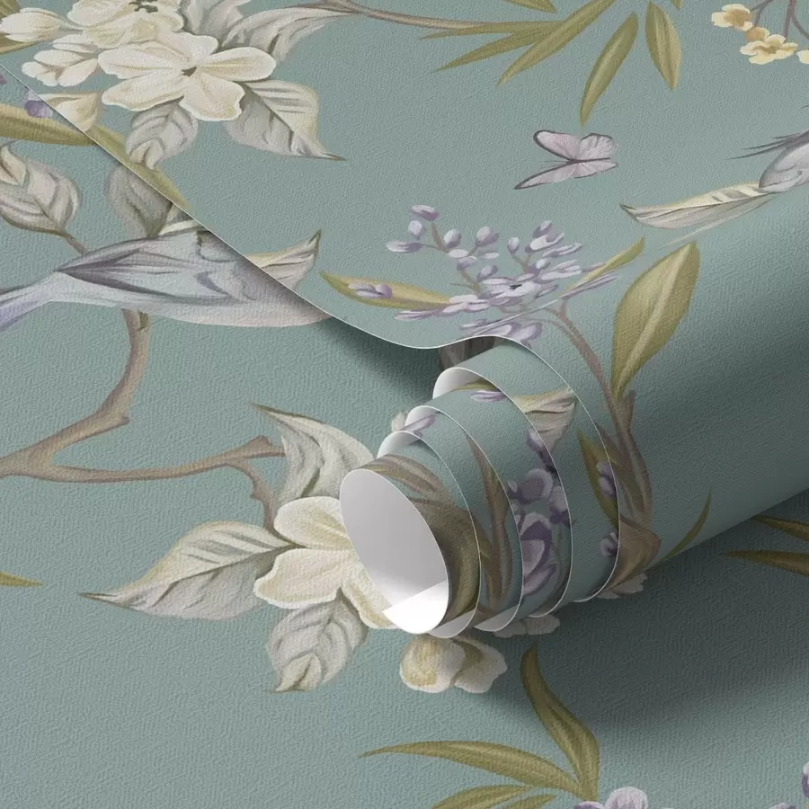 Fototapete Vögel, Blumen und Schmetterlinge auf blaugrauem Hintergrund a00735