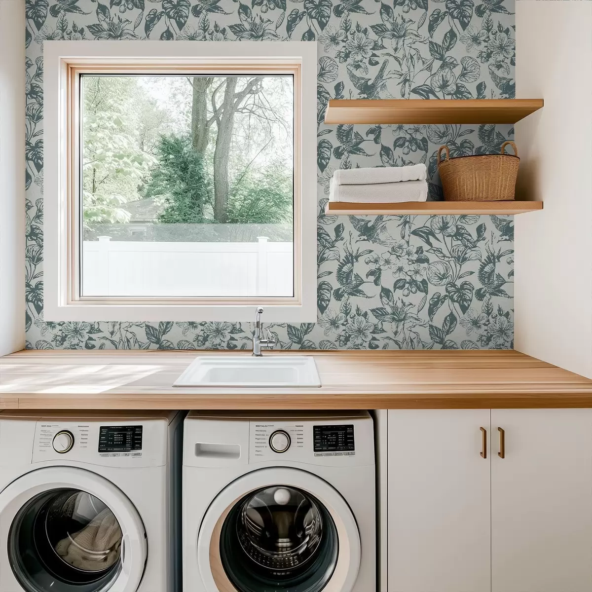 Tapete Monochromes Blumenornament mit Vögeln a00737