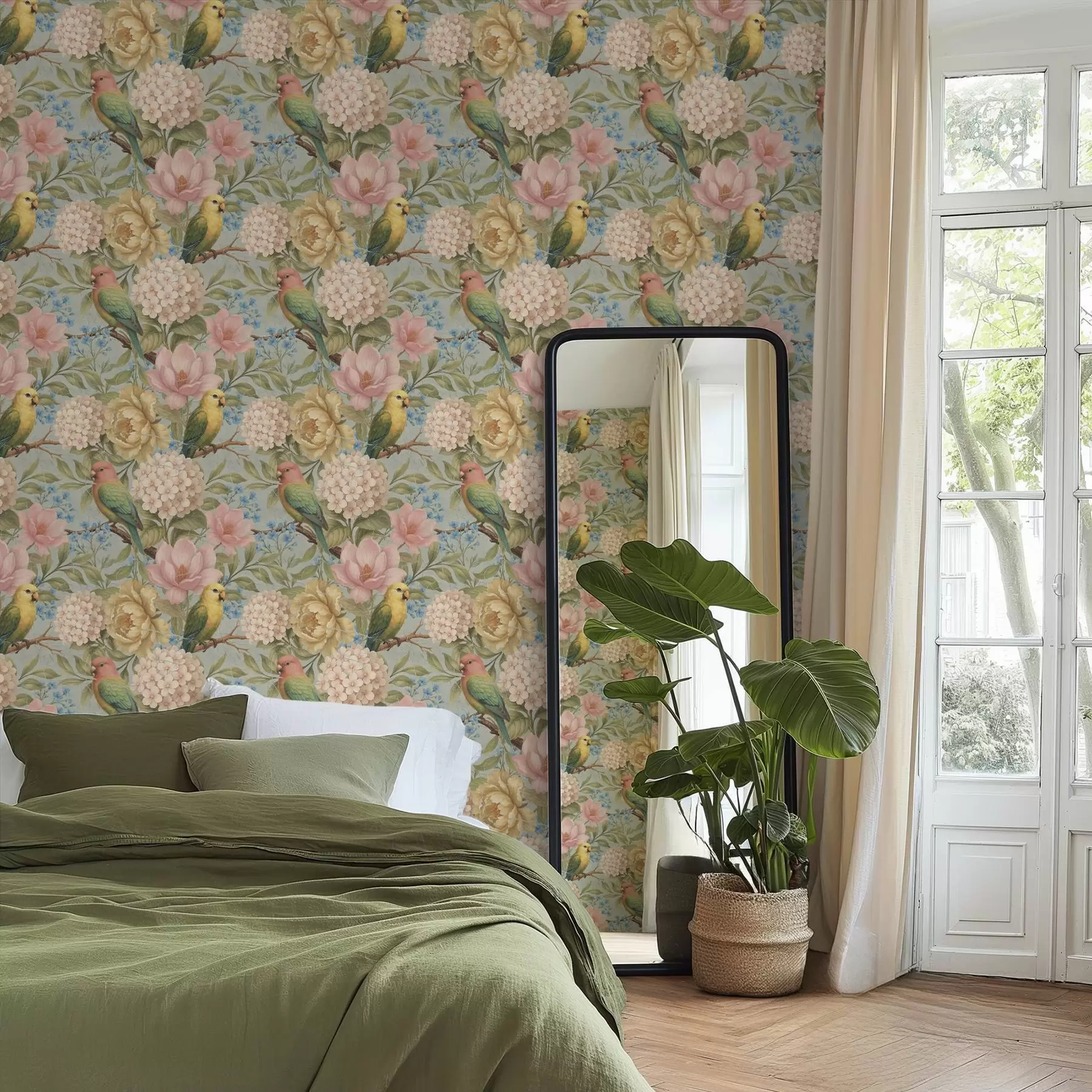 Fototapete Papageien zwischen Pfingstrosen, Hortensien und Magnolien a00747
