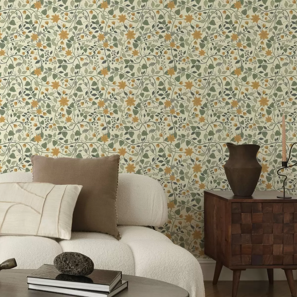 Tapete Kletternde Blütenzweige mit gelben Blüten und Beeren a00750