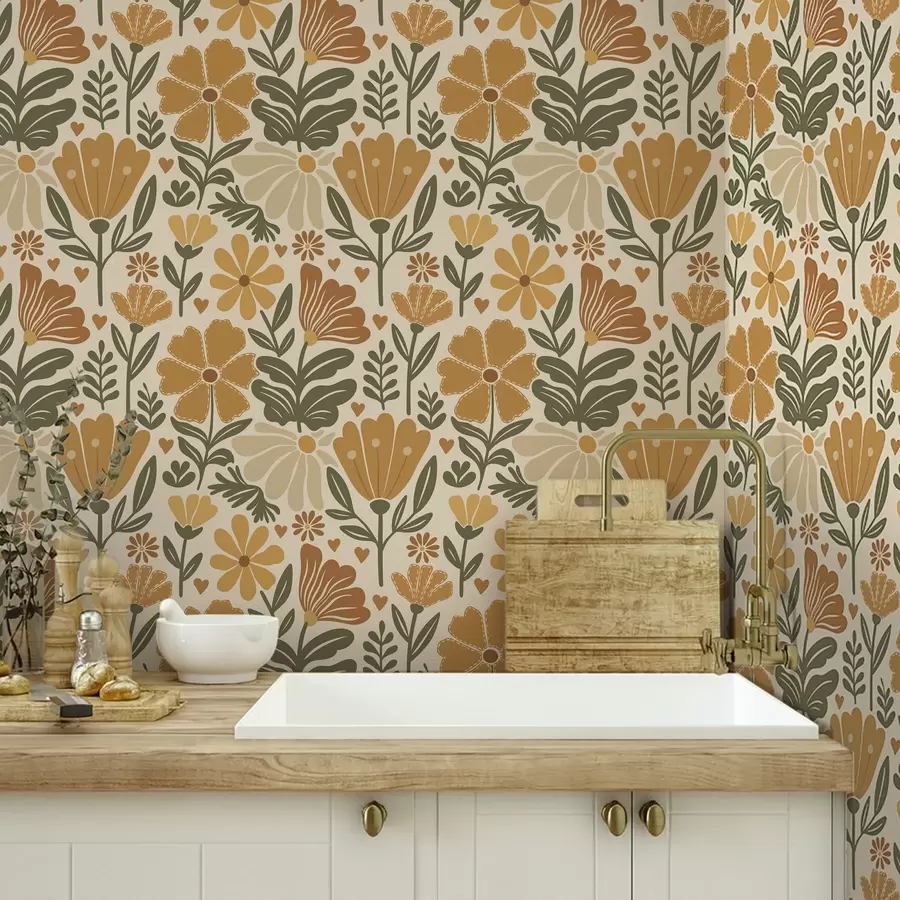 Fototapete Stilisierte Blumen in warmen Farbtönen mit Herzen a00752