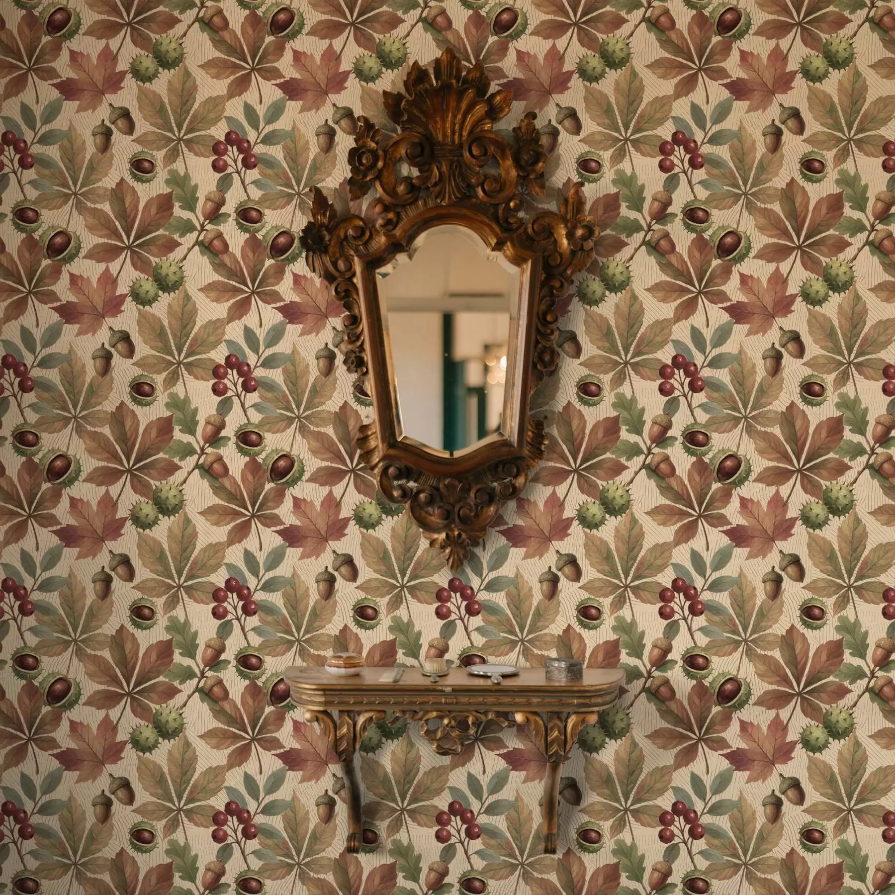 Fototapete Herbstblätter, Eicheln und Beeren auf beigem Hintergrund a00754