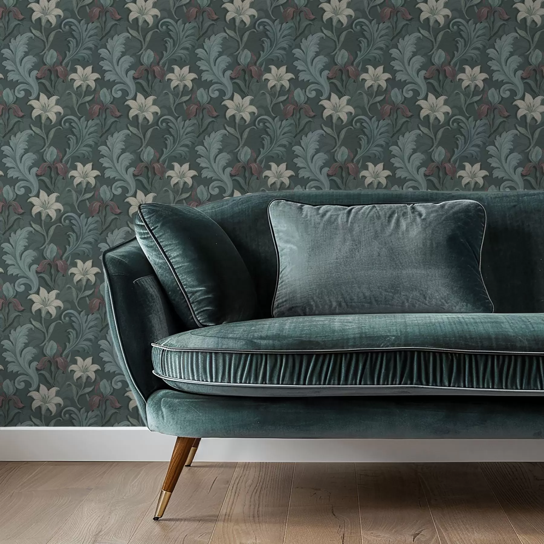 Fototapete Dunkelgrüner Hintergrund mit Irisblüten und dekorativen Blättern a00755