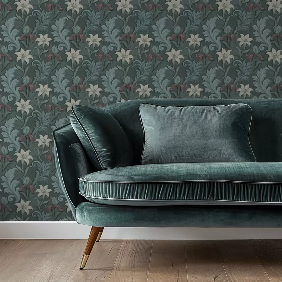 Fototapete Dunkelgrüner Hintergrund mit Irisblüten und dekorativen Blättern a00755