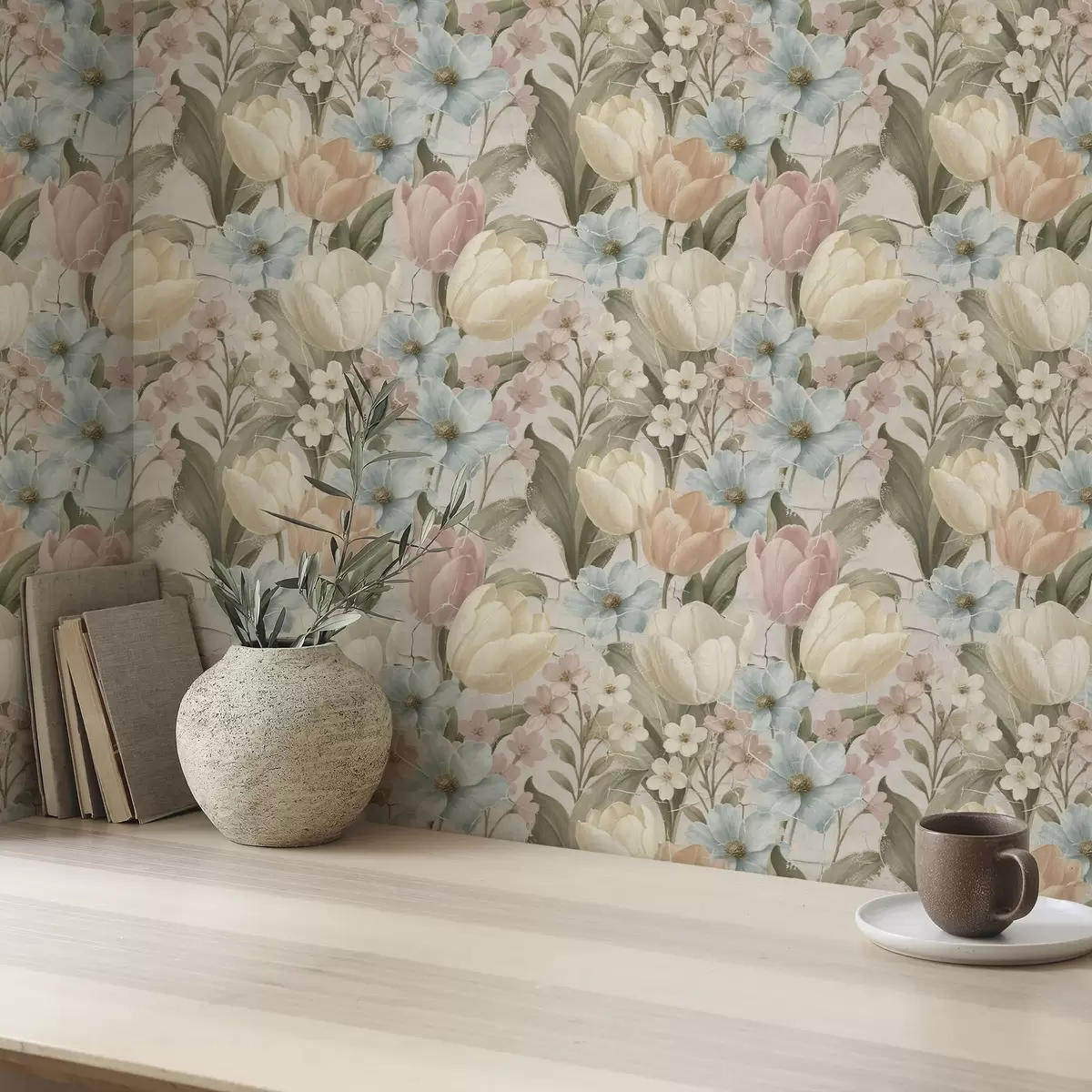 Tapete Pastellfarbene Tulpen und Blumen auf hellem, rissigem Hintergrund a00756