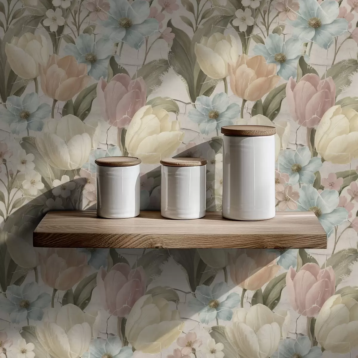 Tapete Pastellfarbene Tulpen und Blumen auf hellem, rissigem Hintergrund a00756