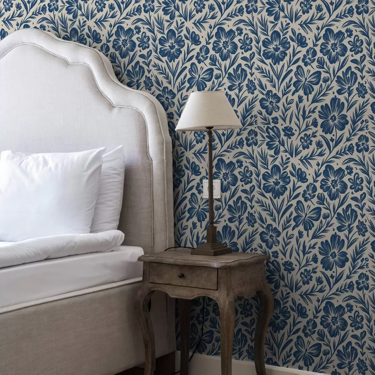 Tapete Blaues Blumenornament mit Schmetterlingen a00758