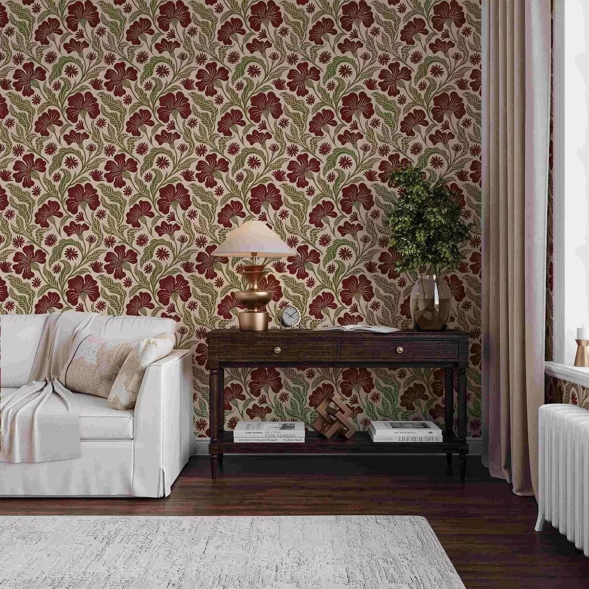 Tapete Burgunderrote Blumen mit grünen Blättern auf hellem Hintergrund a00761