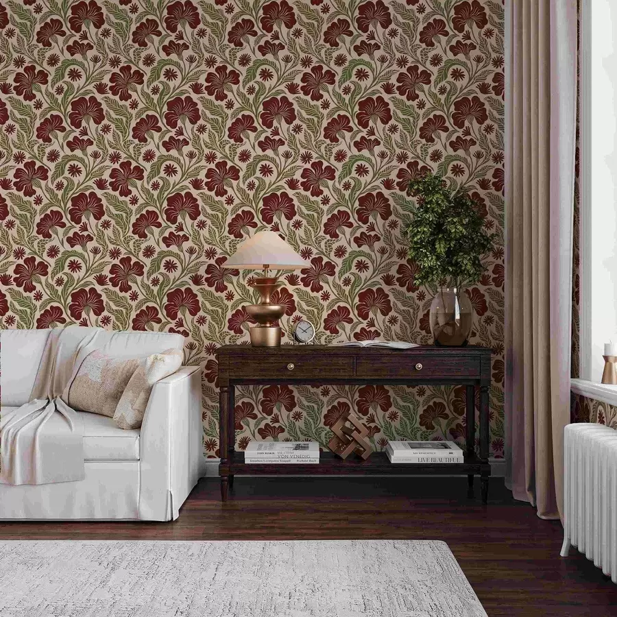 Fototapete Burgunderrote Blumen mit grünen Blättern auf hellem Hintergrund a00761