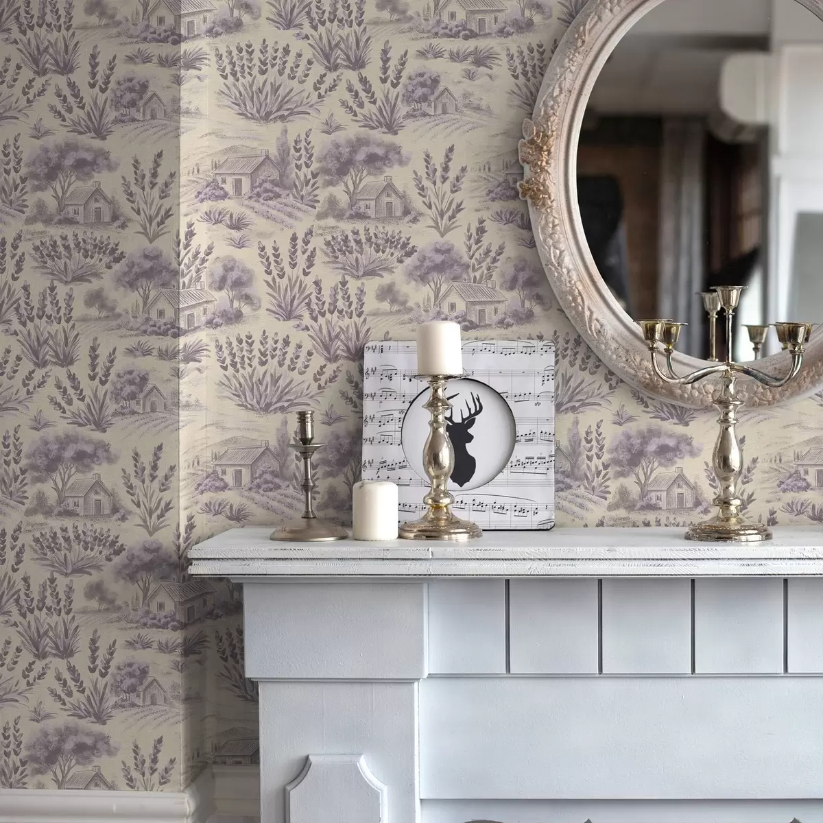 Tapete Lavendelfelder und Häuser in Pastelltönen a00765