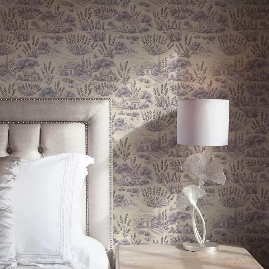 Fototapete Lavendelfelder und Häuser in Pastelltönen a00765