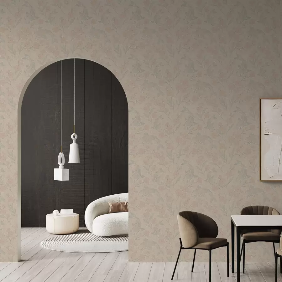 Fototapete Karpfen zwischen Blumen in sanften Beige- und Rosatönen a00766