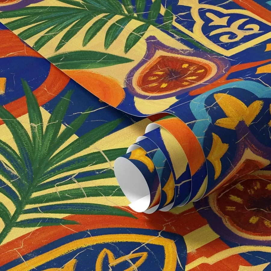 Fototapete Leuchtende Orangen, Palmblätter und marokkanische Bögen a00767