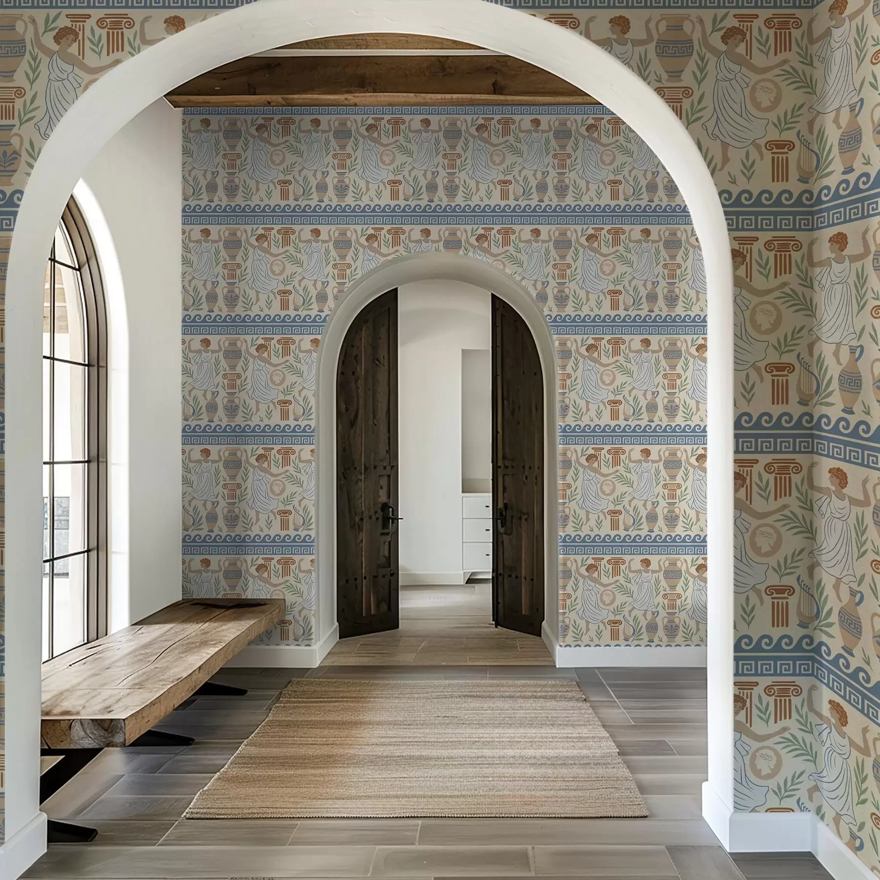 Fototapete Antikes griechisches Ornament mit Figuren, Vasen und Säulen a00768