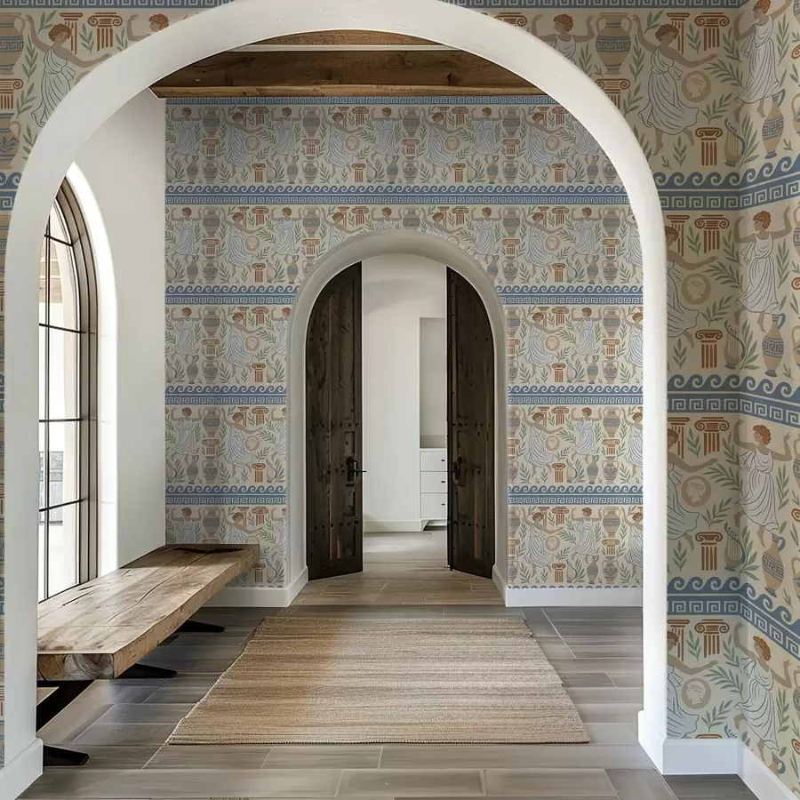 Fototapete Antikes griechisches Ornament mit Figuren, Vasen und Säulen a00768