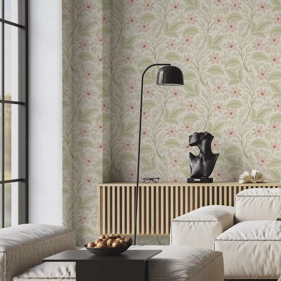 Fototapete Zarte Blumen und Blätter in Pastelltönen a00771