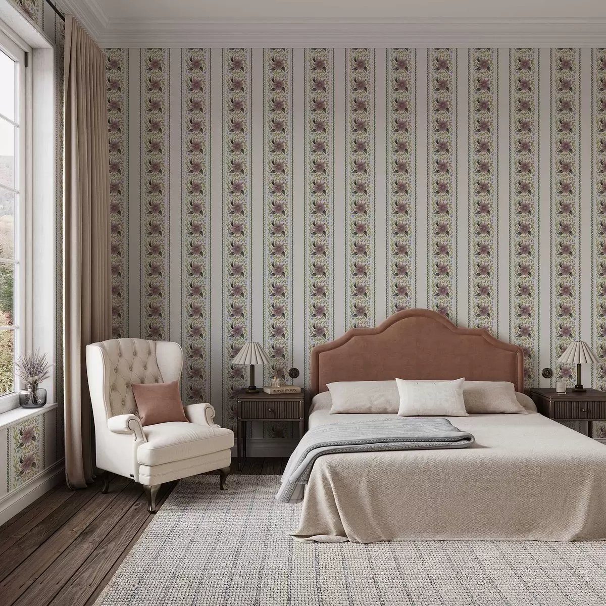 Tapete Vertikale Blumenstreifen in lila-blauen Farbtönen a00809