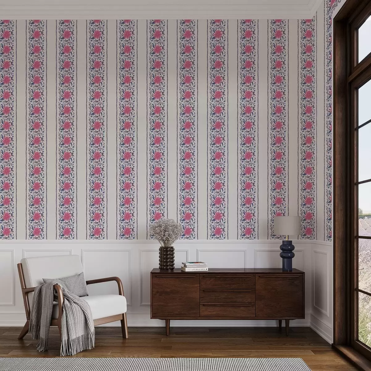 Tapete Vertikale Blumenstreifen in Rosa-Violett-Tönen a00810