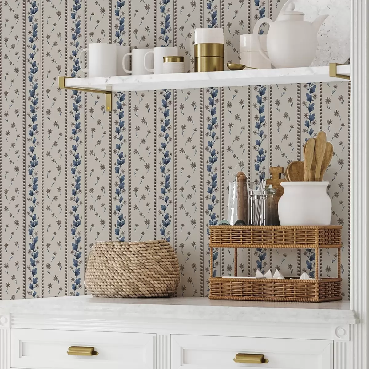 Tapete Vertikale Blumenstreifen in Blau-Brauntönen a00811v3