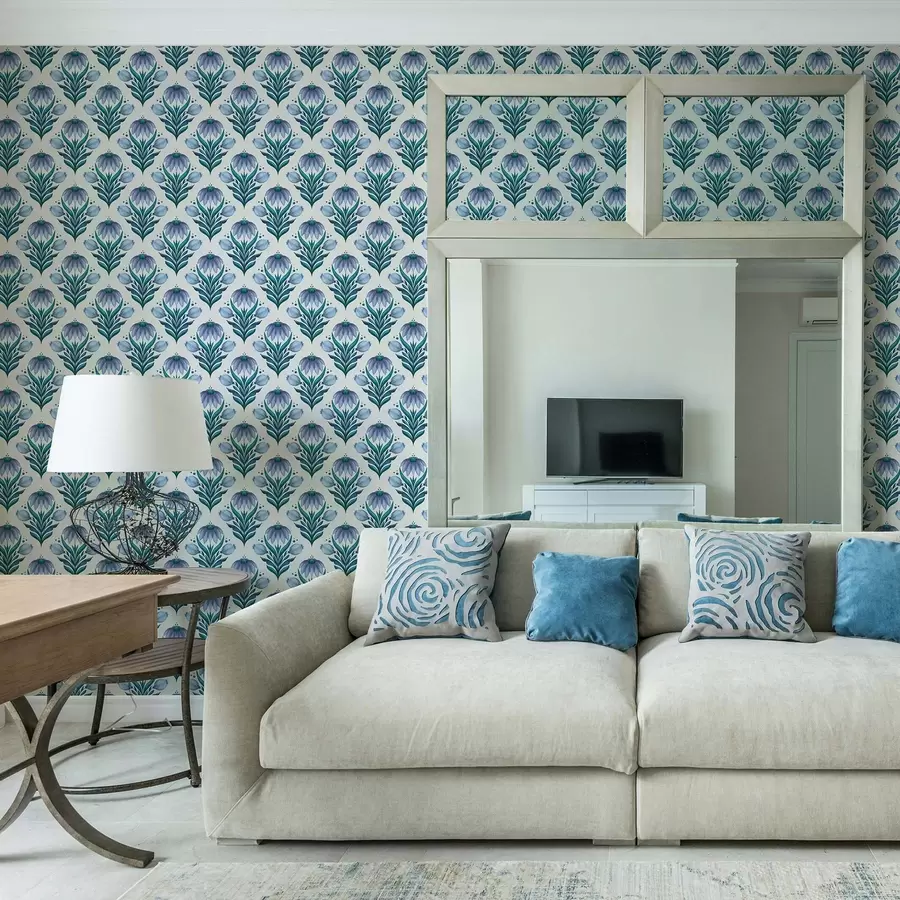 Fototapete Symmetrisches Blumenornament in Blau-Weiß-Tönen a00812v2