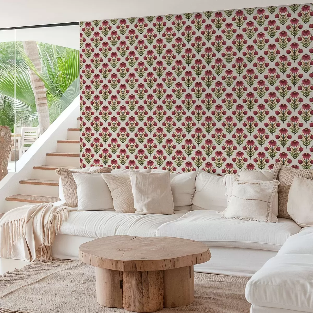 Tapete Symmetrisches Blumenornament in satten Rot-Grün-Tönen a00812v4