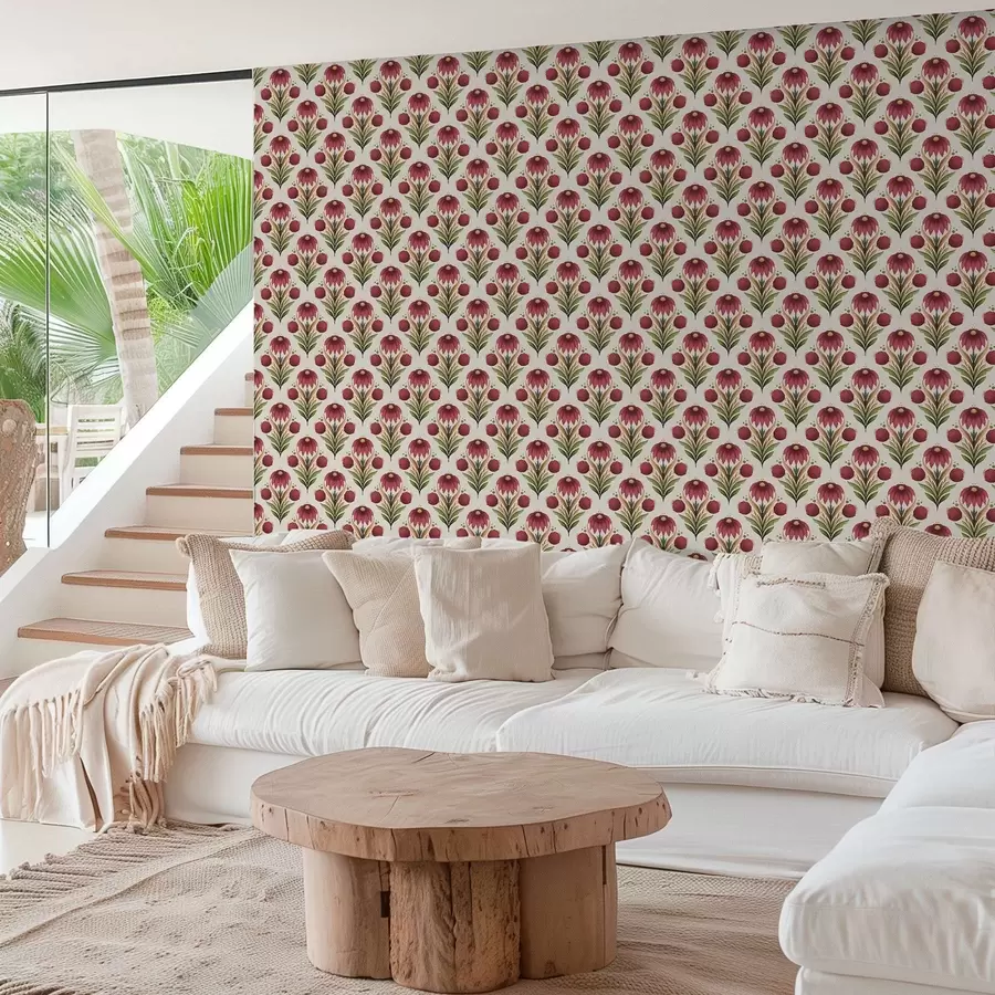 Fototapete Symmetrisches Blumenornament in satten Rot-Grün-Tönen a00812v4