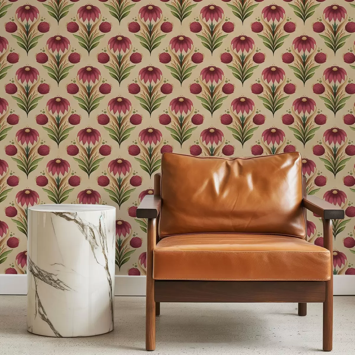 Tapete Symmetrisches Blumenornament auf warmem beigem Hintergrund a00812v6