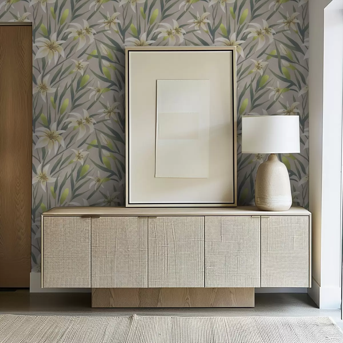 Tapete Cremefarbene Lilien mit Blättern auf grau-beigem Hintergrund a00837