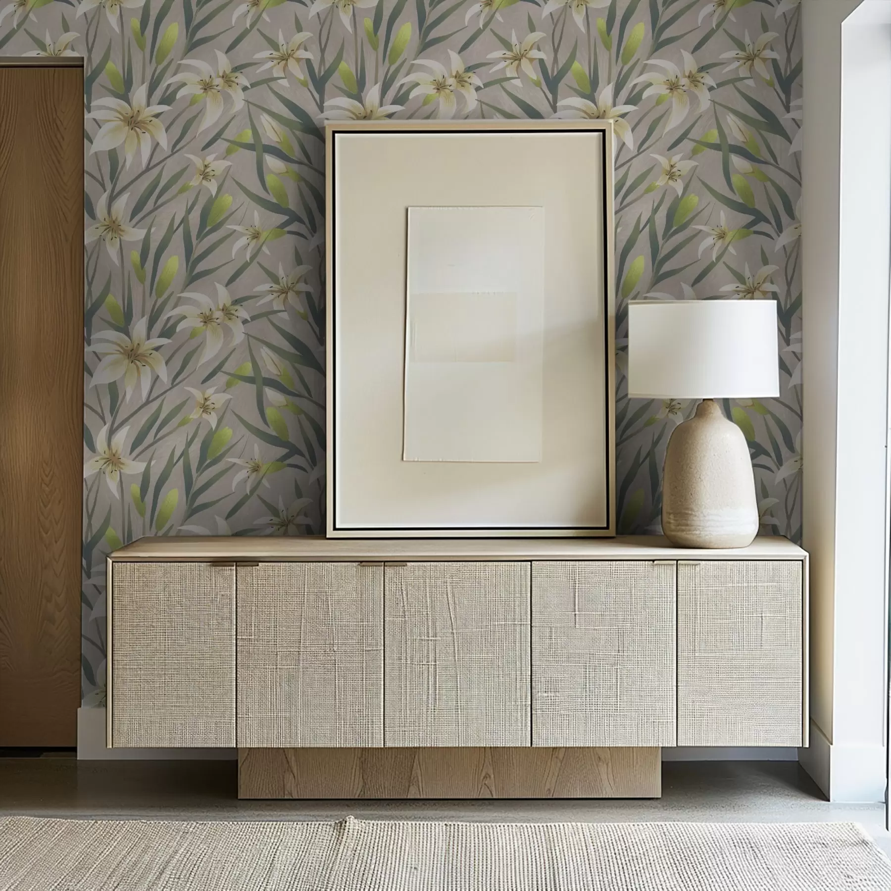 Fototapete Cremefarbene Lilien mit Blättern auf grau-beigem Hintergrund a00837