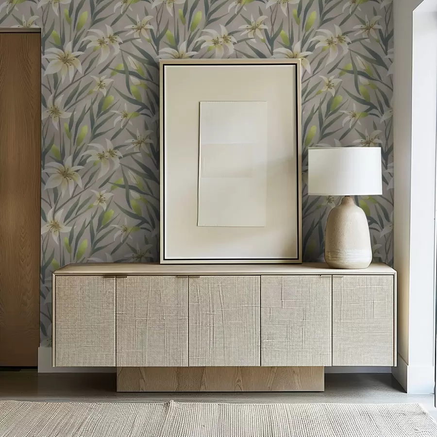 Fototapete Cremefarbene Lilien mit Blättern auf grau-beigem Hintergrund a00837