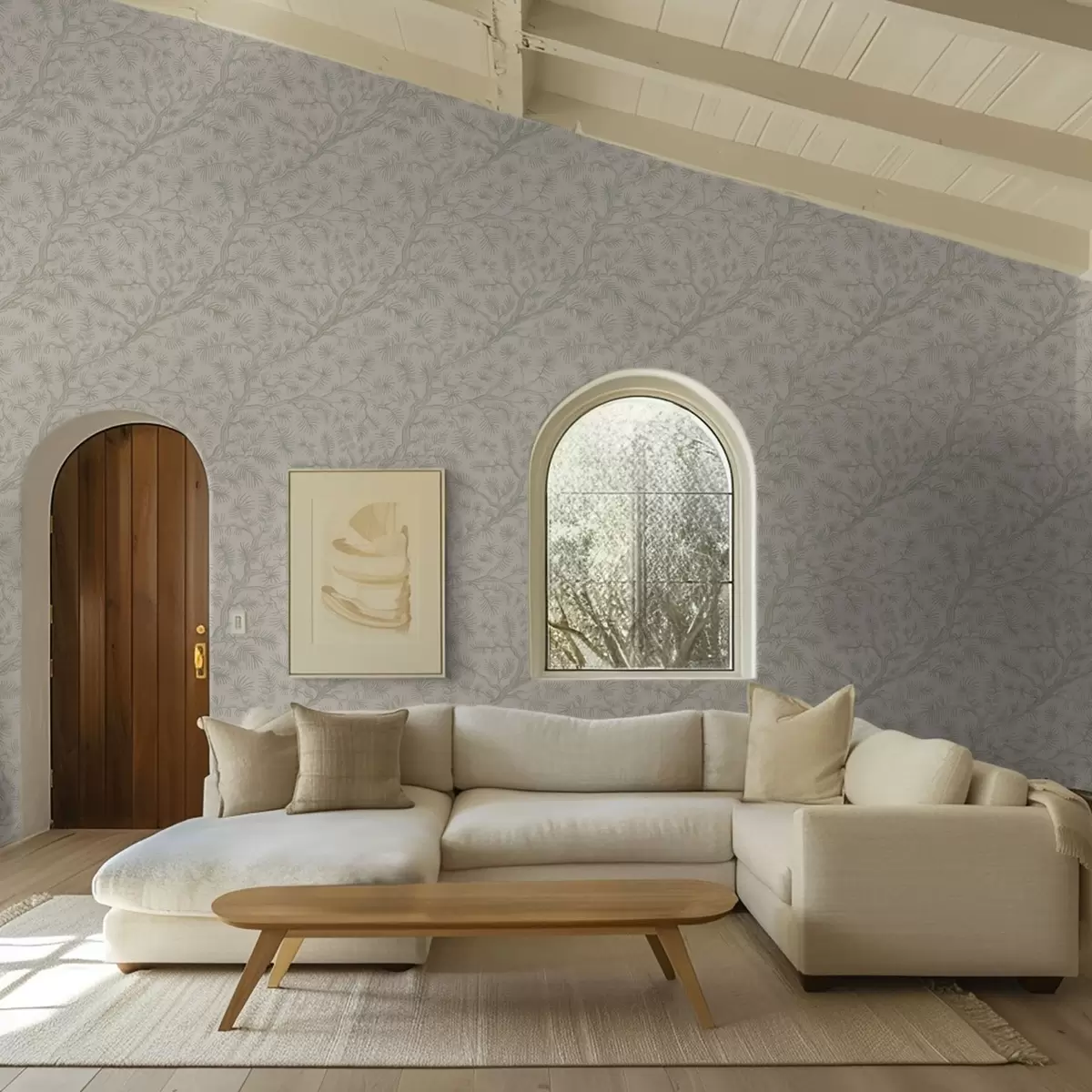 Tapete Kiefernzweige in hellgrünen Farbtönen auf beigem Hintergrund a00838v1